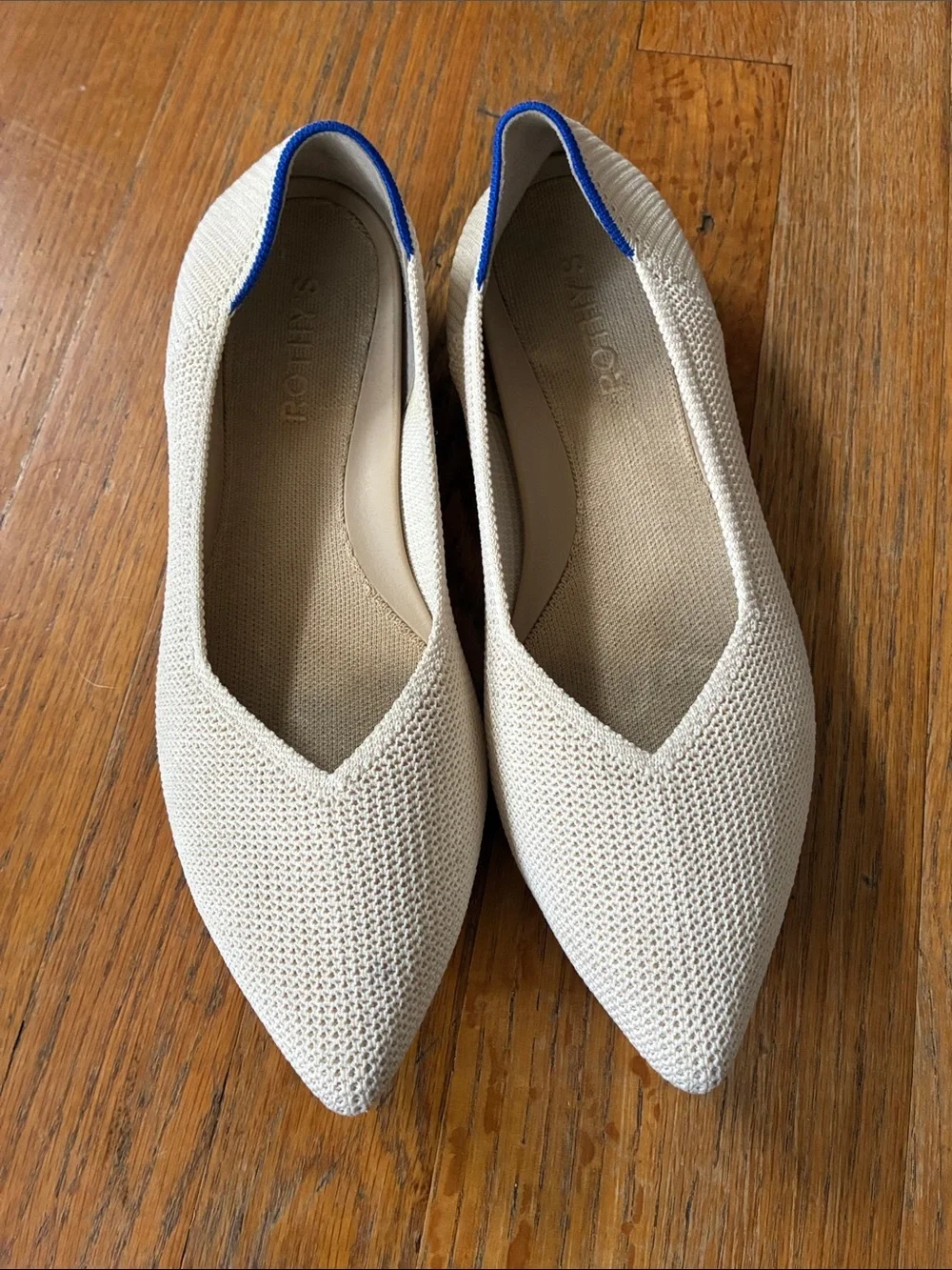 Rothy's Pointed Knit Flats in Cream with Blue Trim